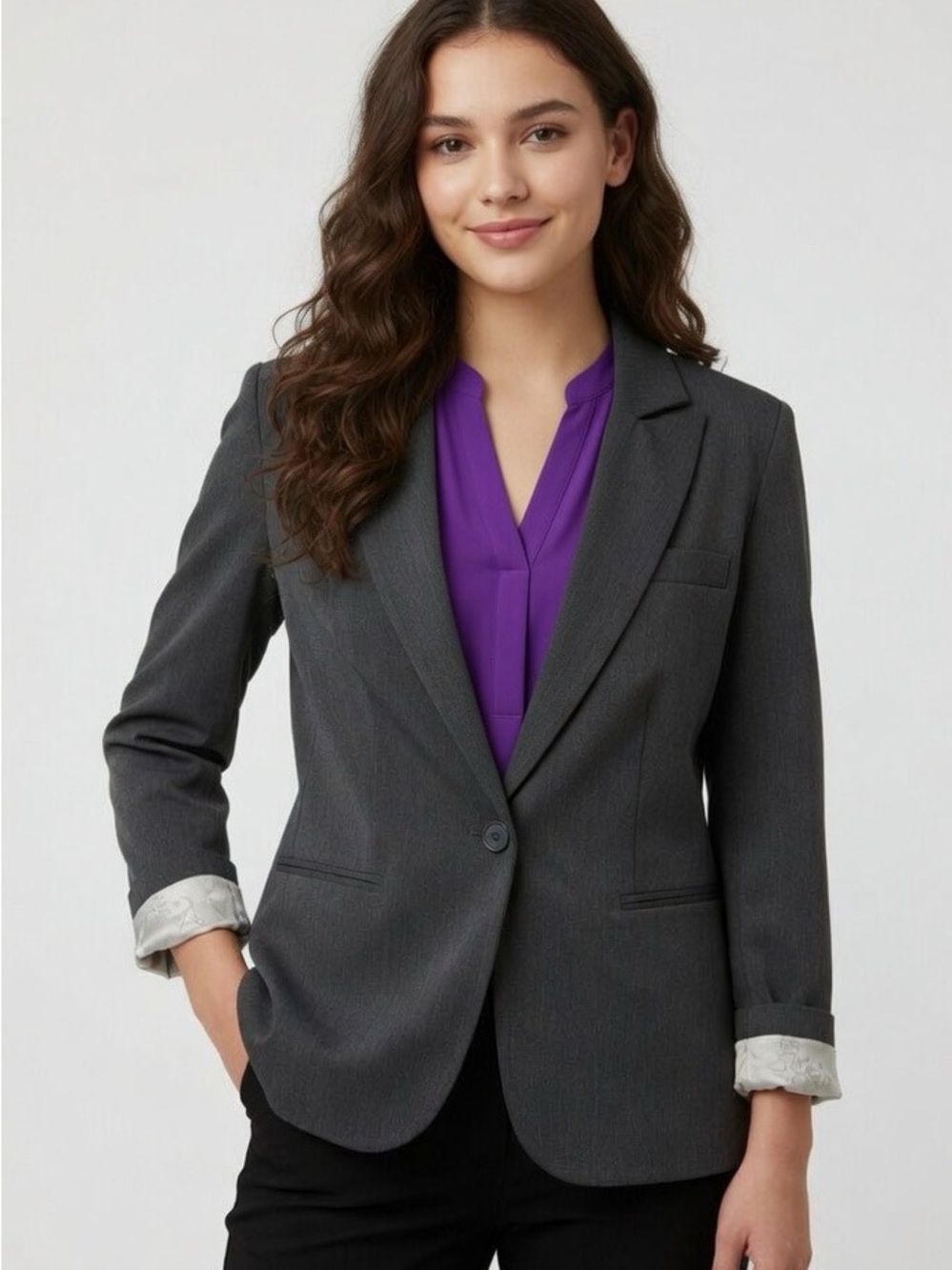 Gray Tailor Fit Blazer Jacket White Sheen Lining Style Professional Chic Cuff